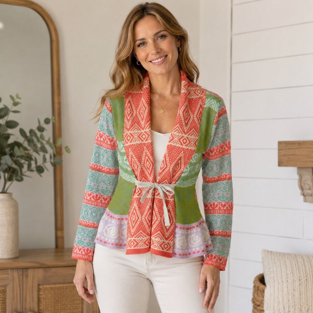Sundance Women’s XS Wool Blend Fair Isle Wrap Cardigan Sweater Belted Boho